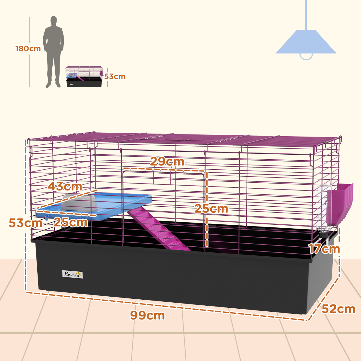 PawHut Small Animal Cage with Platform, Ramp and Hay Feeder – Rabbit and Guinea Pig Hutch Playhouse, Black