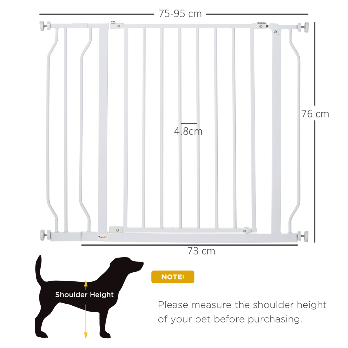 PawHut Pressure Fit Dog Gate with Door, 75–95cm Adjustable Wide Stair Gate – Steel Barrier, White