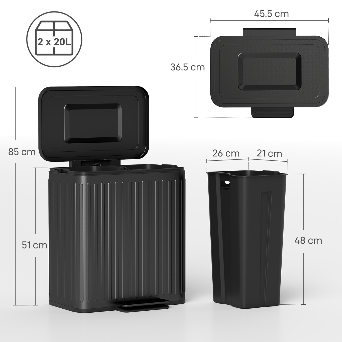 Dual Kitchen Pedal Bin with 2 x 20L Removable Buckets – Powder Coated Metal Recycling Bin, Black
