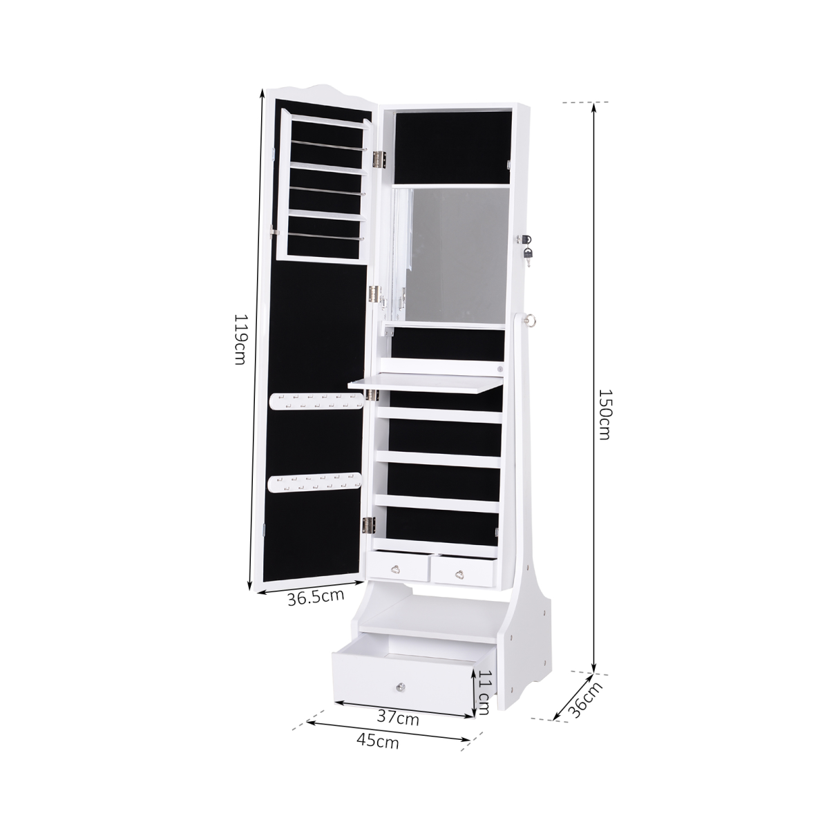 Floor-Standing Mirrored Jewellery Armoire with Lock & LED Light – Full-Length Mirror Cabinet, White