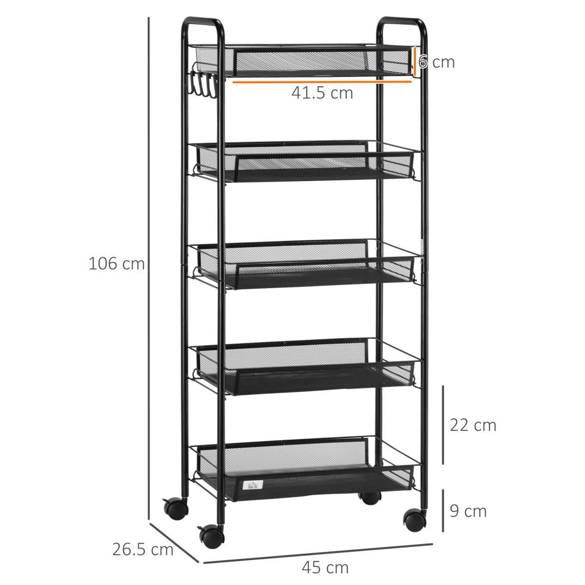 HOMCOM 5 Tier Utility Rolling Cart with Removable Mesh Baskets and Lockable Wheels – Storage Trolley, Black