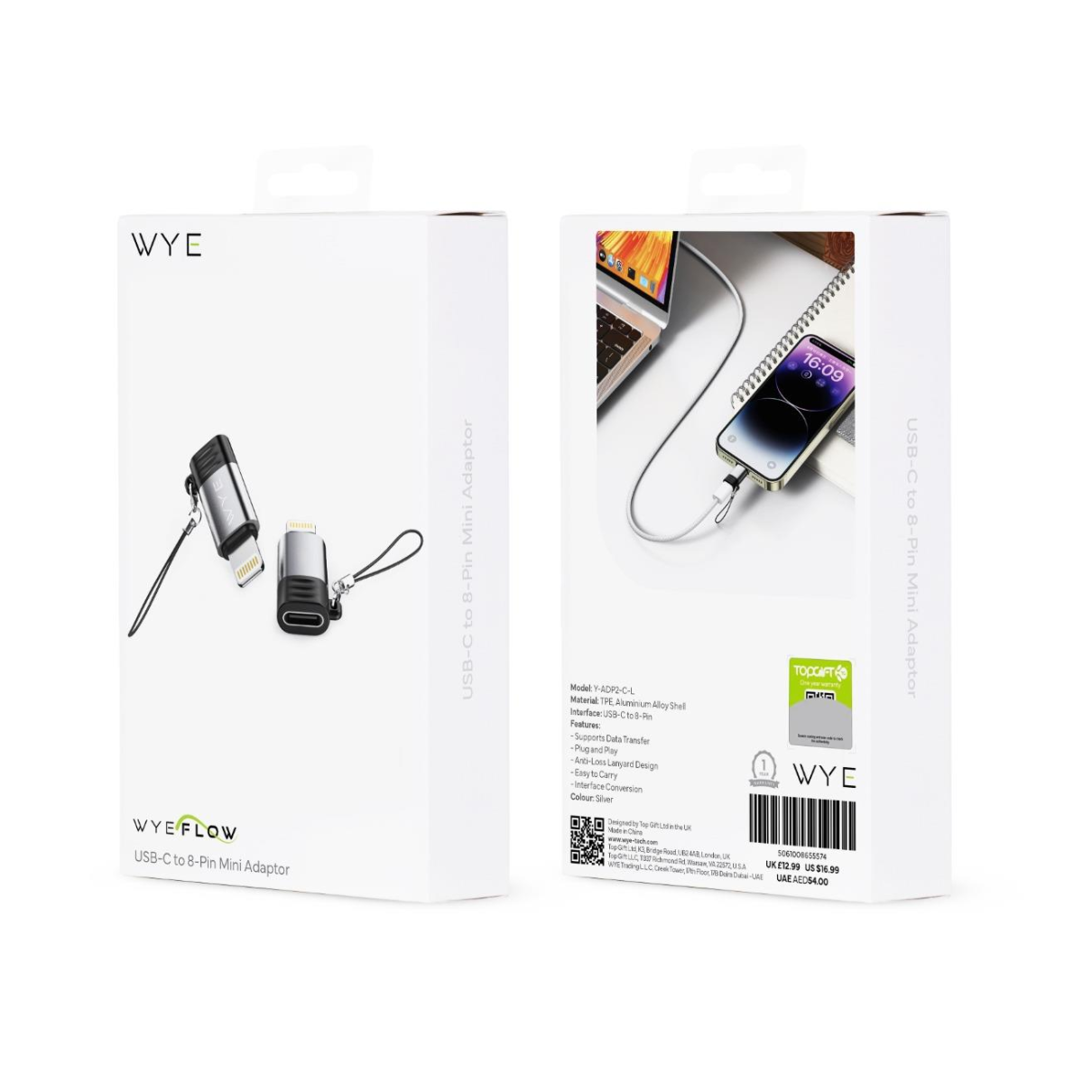 WYEFLOW 8-Pin to USB-C Mini Adaptor with Anti-Loss Lanyard – Data Transfer Converter, Silver