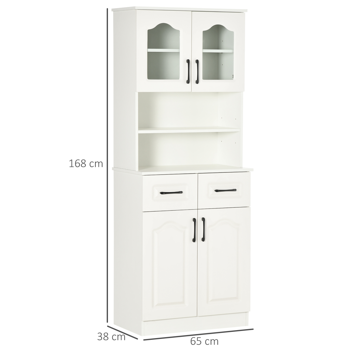 HOMCOM 168cm Kitchen Storage Cabinet with Glass Doors, Two Shelves & Drawers, Open Counter – Anti-Tipping, White