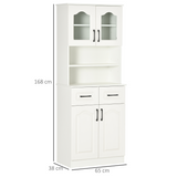 HOMCOM 168cm Kitchen Storage Cabinet with Glass Doors, Two Shelves & Drawers, Open Counter – Anti-Tipping, White