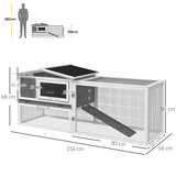 PawHut Outdoor Rabbit Hutch and Run with Sliding Tray, Hay Rack & Ramp, 156 x 58 x 68cm – Fir Wood, Light Grey