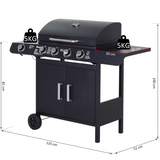 Outsunny 4+1 Burner Gas BBQ Grill with Side Burner, Thermometer & Storage Cupboard – Wheeled Steel Barbecue, Black
