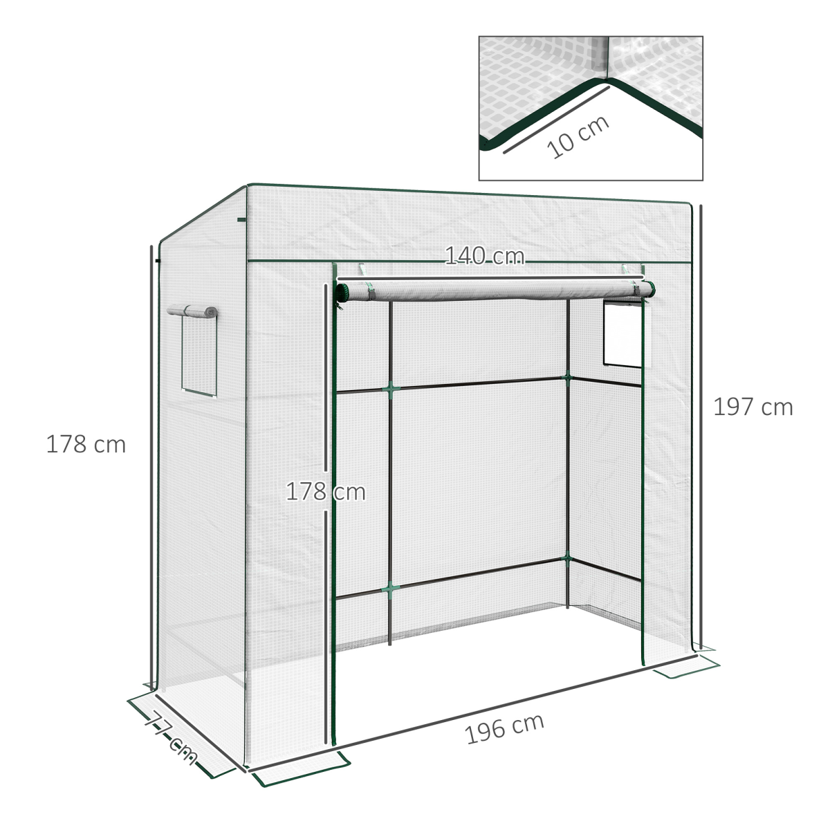 Outsunny Walk-in Lean-to Greenhouse with Roll-up Door & 2 Mesh Windows, UV-Protective PE Cover, 196x77cm – White