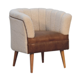 Artisan Furniture Solid Wood Boucle Armchair with Buffalo Leather Seat – Upholstered Accent Chair, Cream & Brown