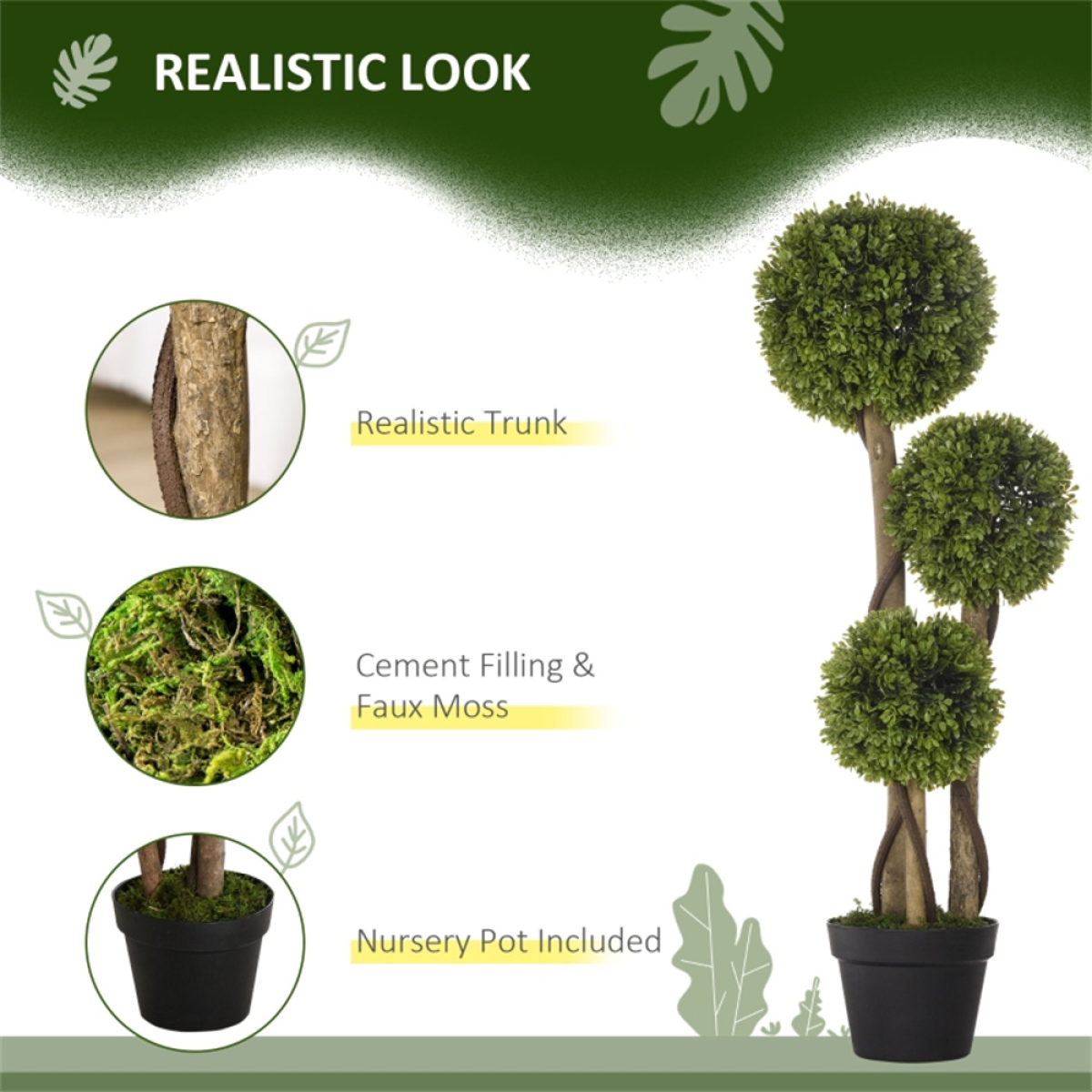 Artificial Three-Ball Boxwood Topiary Tree in Pot – Indoor & Outdoor Faux Plant Decor, Dark Green
