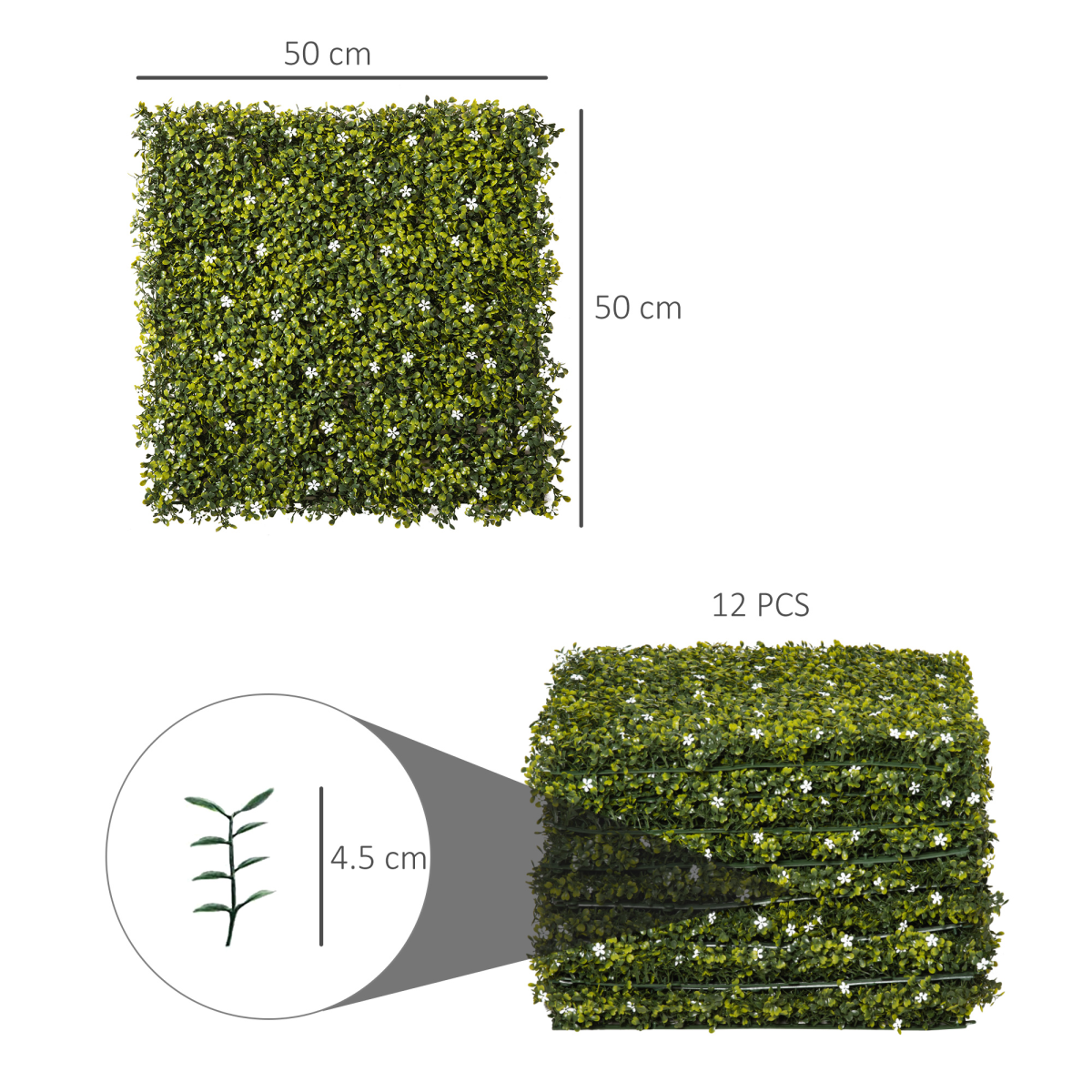 Outsunny 12 Piece Artificial Milan Grass Boxwood Wall Panels, 50 x 50cm – Weather Resistant Fence Screen, 3m²