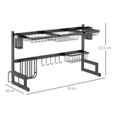 HOMCOM Over The Sink Dish Drainer Rack with Utensil Holders, Knife Holder & Hooks – 2-Tier Steel Rack, Black
