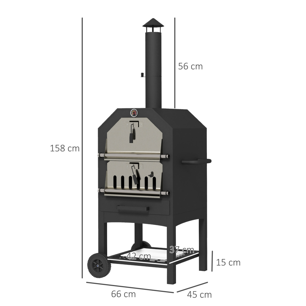 Outsunny Charcoal Pizza Oven Grill with Rain Cover, Thermometer, Wheels & Storage Shelf – Outdoor Garden Cooking, Black
