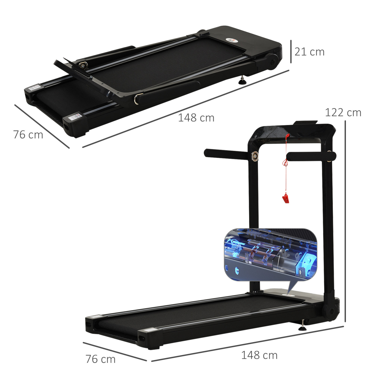 HOMCOM 1.85HP Foldable Electric Treadmill with 12 Programmes, LED Screen & Safety Key – Home Running Machine, Black