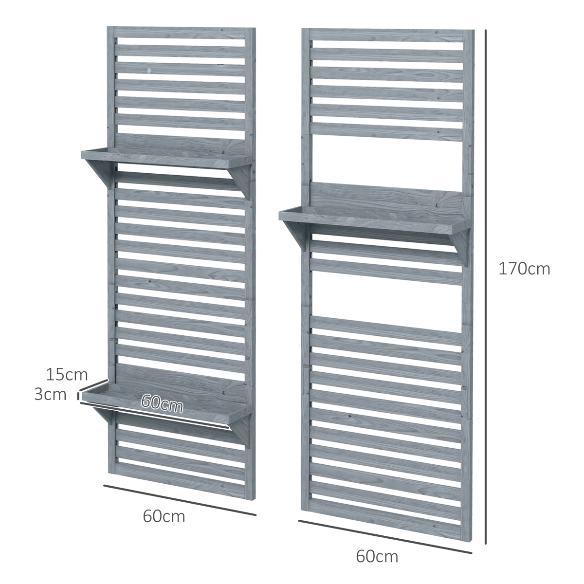 Outsunny Set of 2 Wall Mounted Plant Stands with Shelves & Slatted Trellis – Fir Wood Planters, Grey