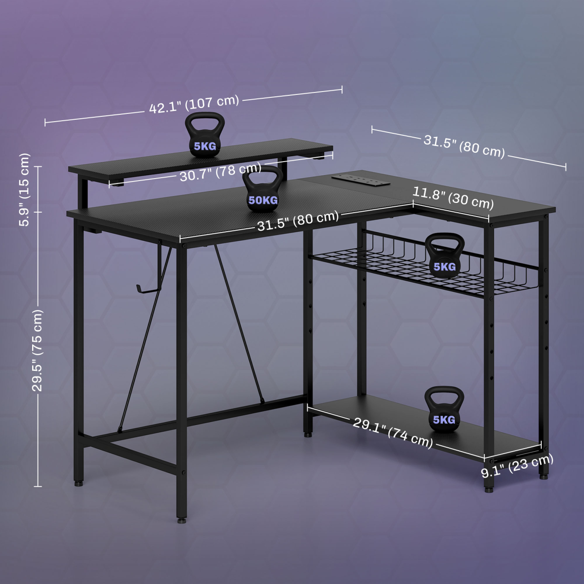 HOMCOM Reversible L-Shaped Gaming Desk with Remote-Controlled LED Lights & Storage Shelves