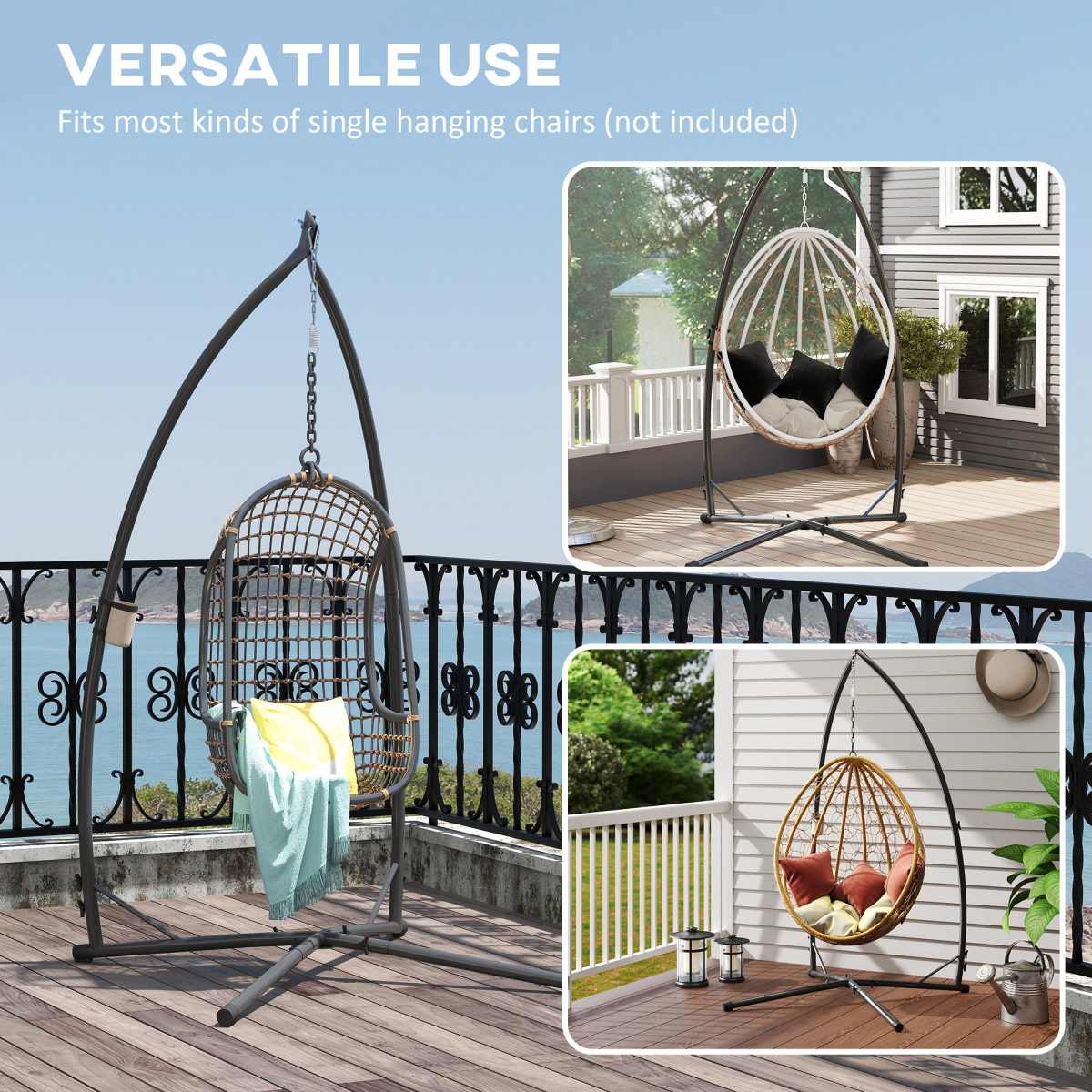 Outsunny Hammock Chair Stand, Steel Frame with Cup Holder – Heavy-Duty Garden Stand Only, Black