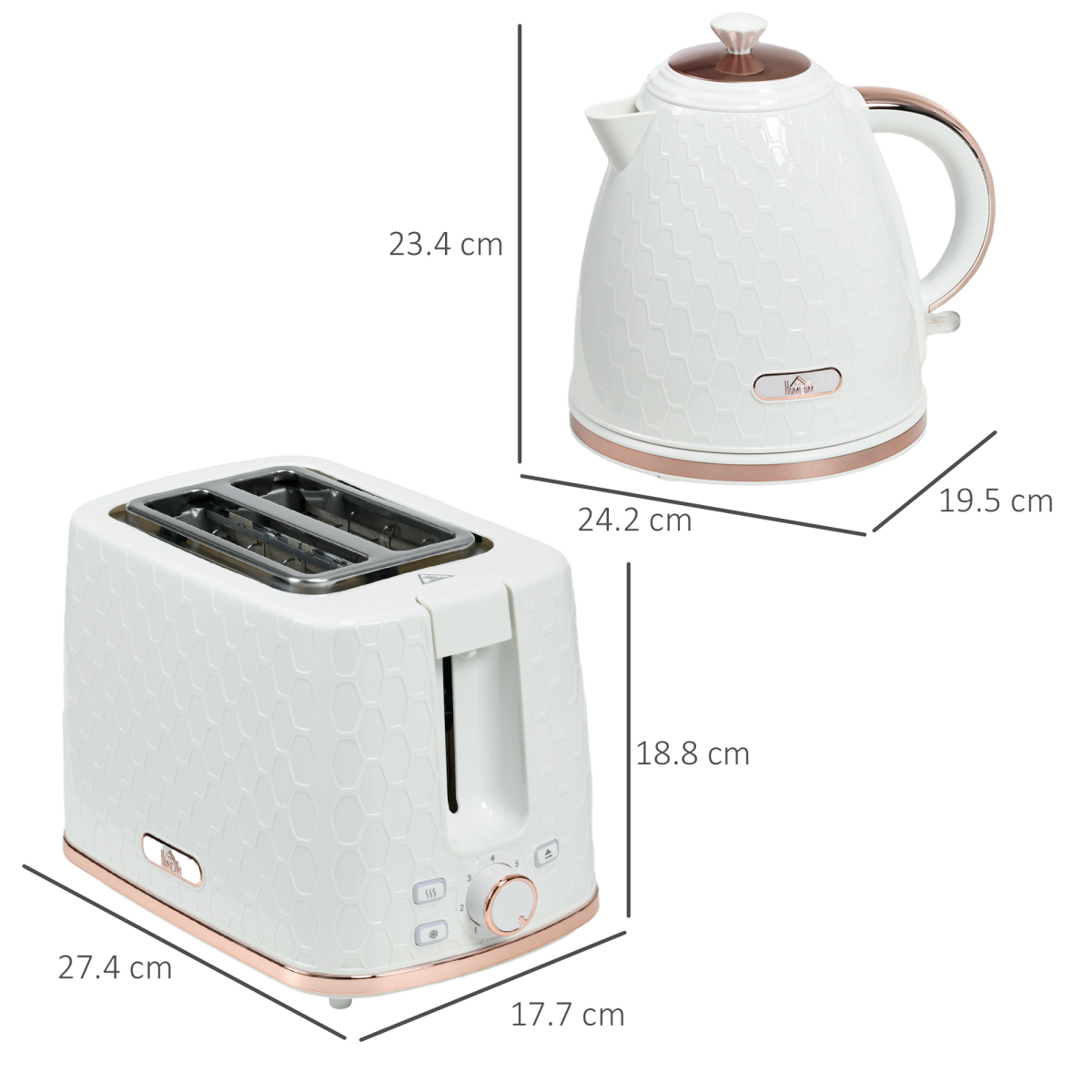 HOMCOM 1.7L Fast Boil Kettle & 2-Slice Toaster Set with 7 Browning Settings – Honeycomb Texture, White