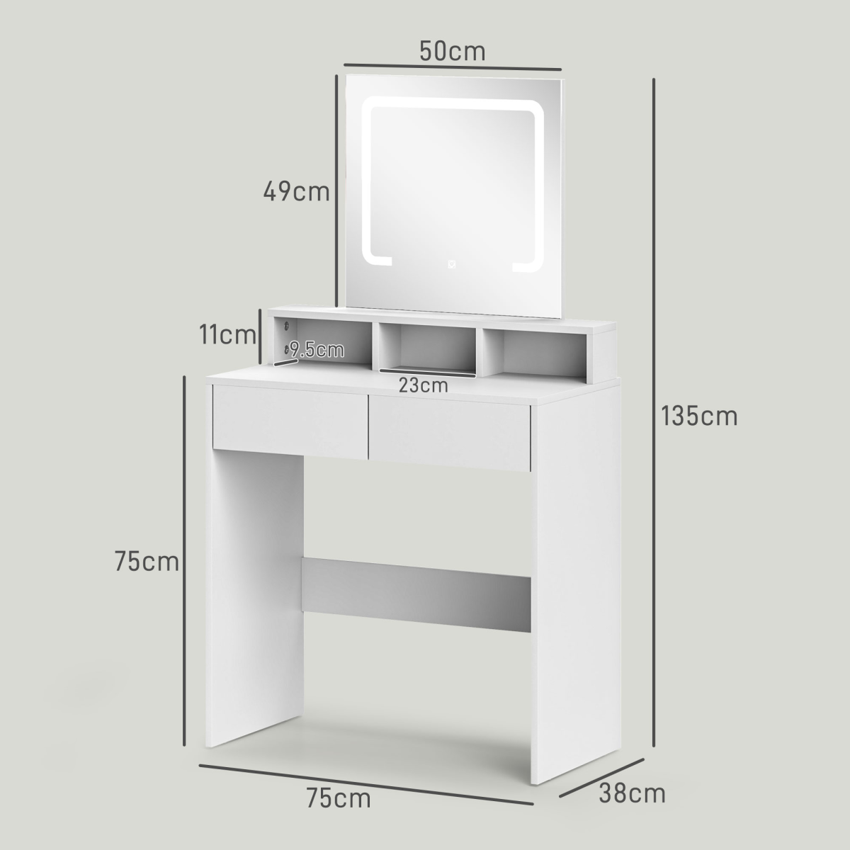 HOMCOM Dressing Table with LED Mirror, 2 Drawers & 3 Open Compartments – Makeup Vanity, White