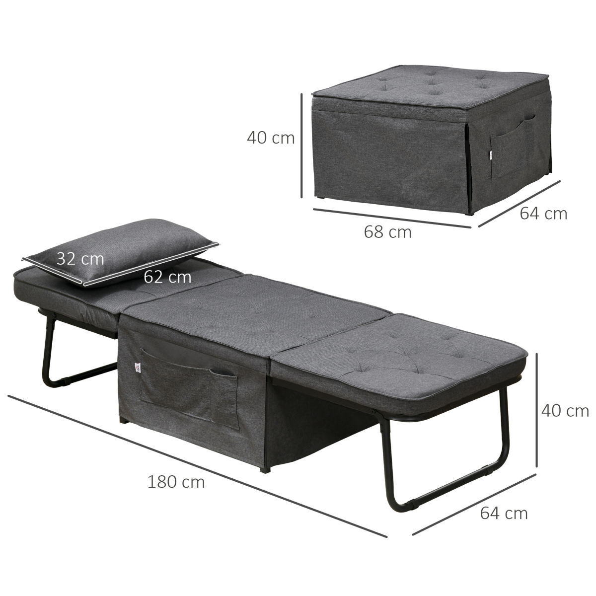 HOMCOM 4-in-1 Folding Sleeper Chair Bed with Pillow & Side Pockets – Space-Saving Spare Bed, Charcoal