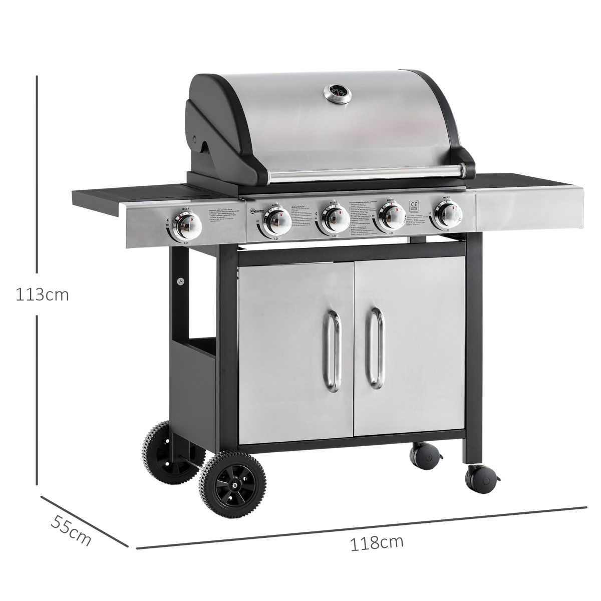 Outsunny 4+1 Burner Stainless Steel Gas BBQ Grill Trolley with Side Burner – Garden Cooking, 128 x 50 x 113cm