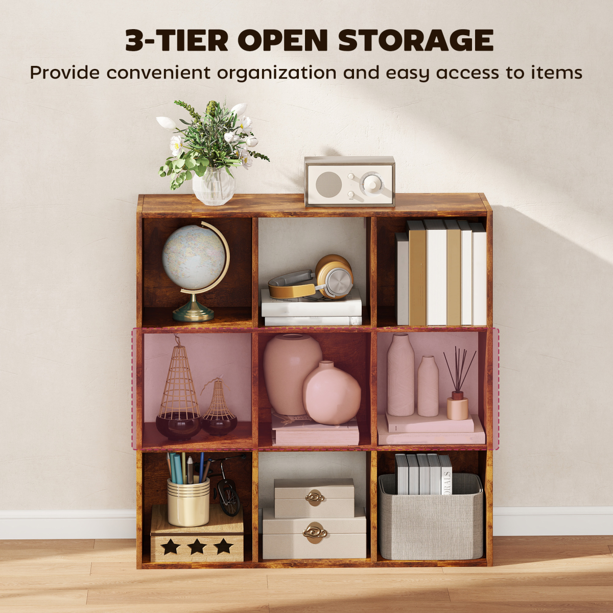 9-Cube Bookcase Storage Cabinet – Cube Shelving Unit for Living Room and Office, 91.5 x 91.5cm, Rustic Brown