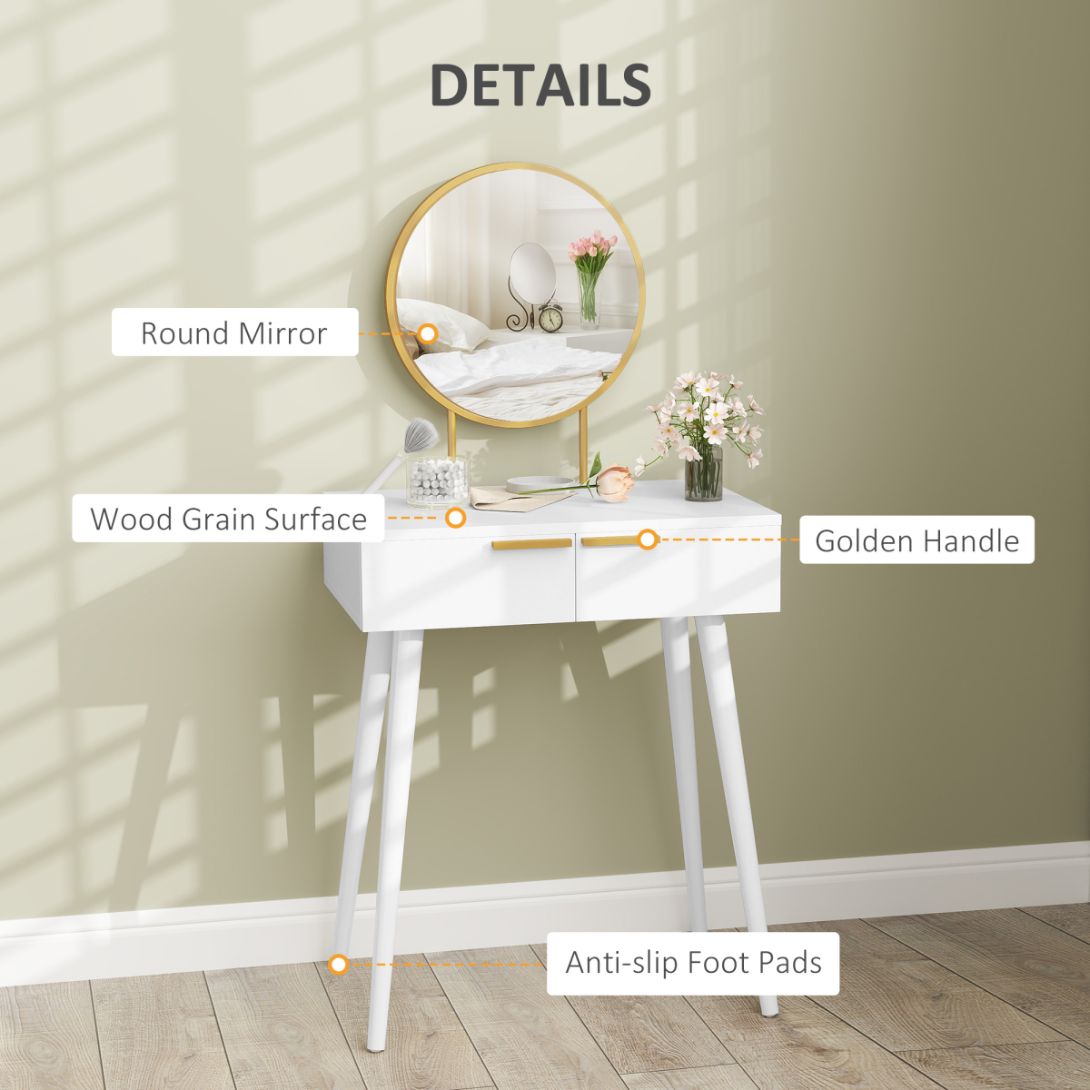 HOMCOM Modern Dressing Table with 2 Drawers & Round Mirror – Bedroom Vanity Table, White