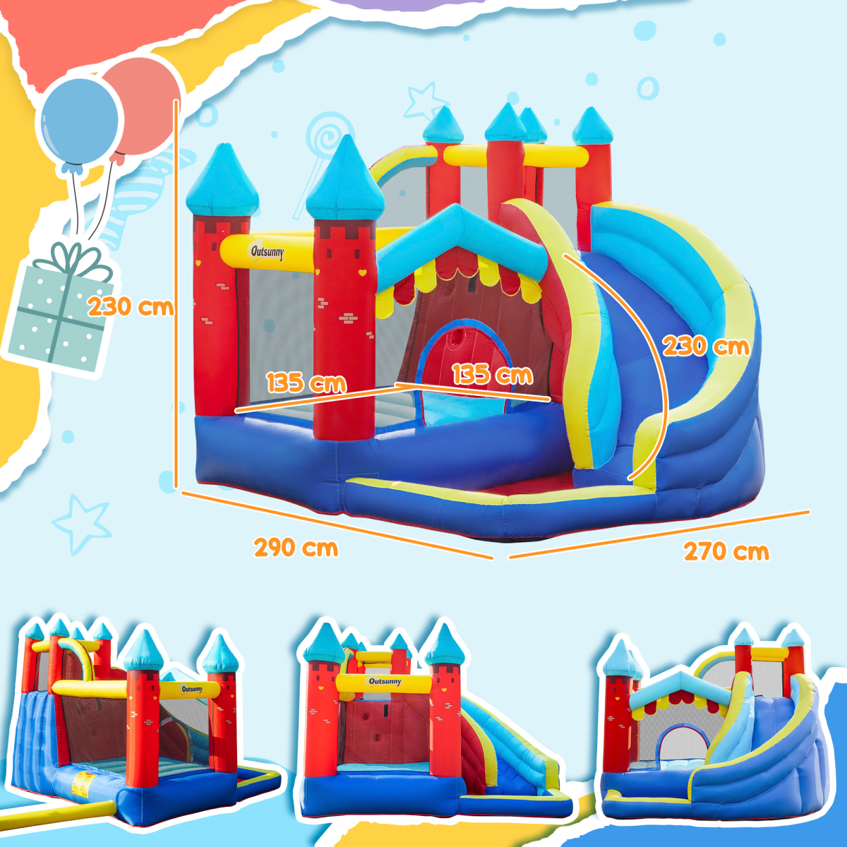 Kids Inflatable Bouncy Castle with Slide, Pool, Trampoline, Climbing Wall & Blower – Outdoor Play, Ages 3-8