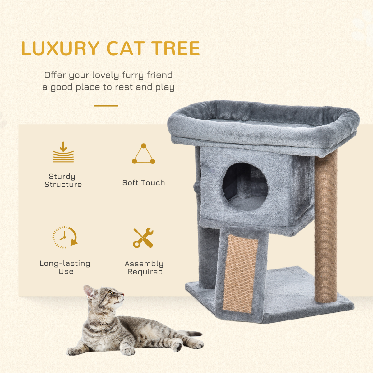 Cat Tree with Cat House, Wide Perch and Jute Scratching Pad – Multi-Level Cat Tower for Cats Under 4.5kg, Grey