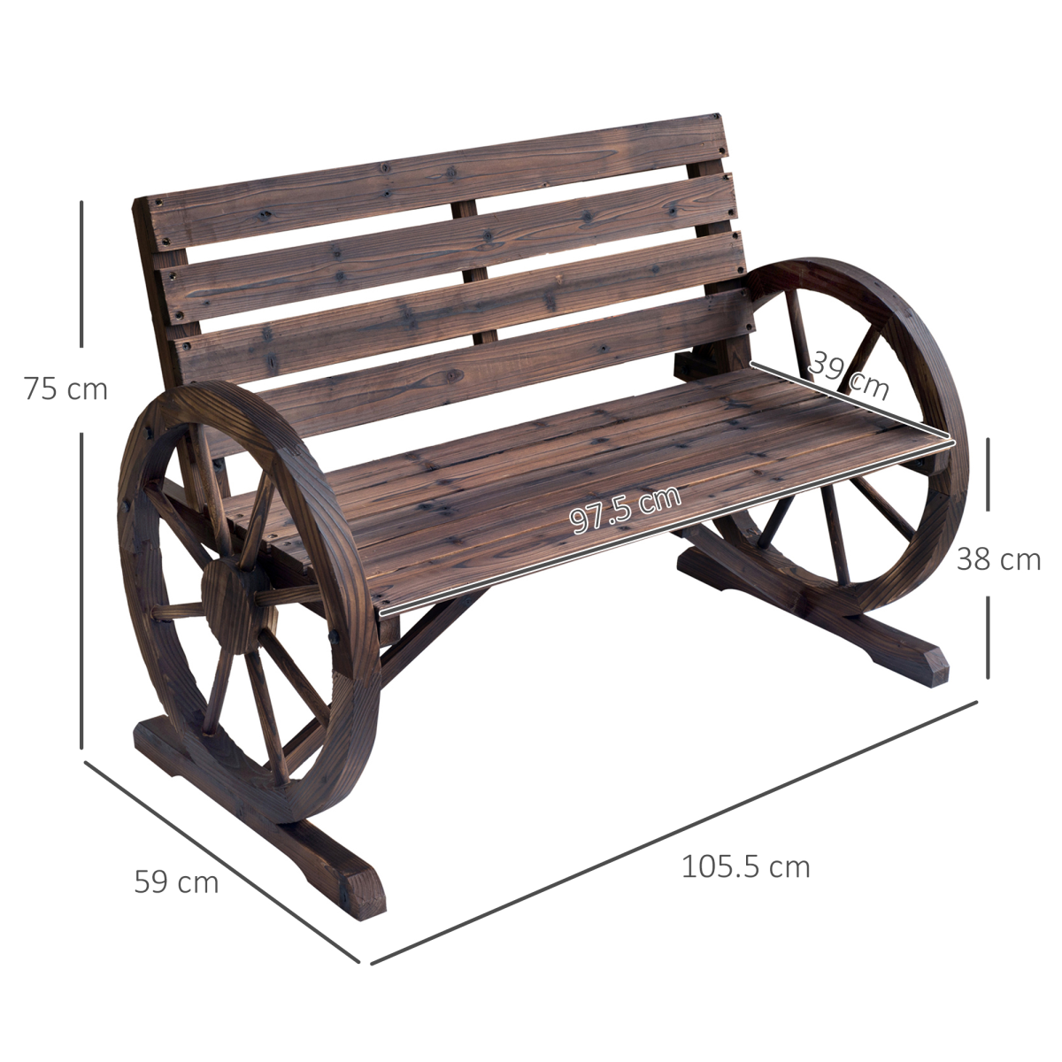 Outsunny Wagon Wheel Wooden Garden Bench with High Back & Armrests – 2-Seater Outdoor Loveseat, Brown