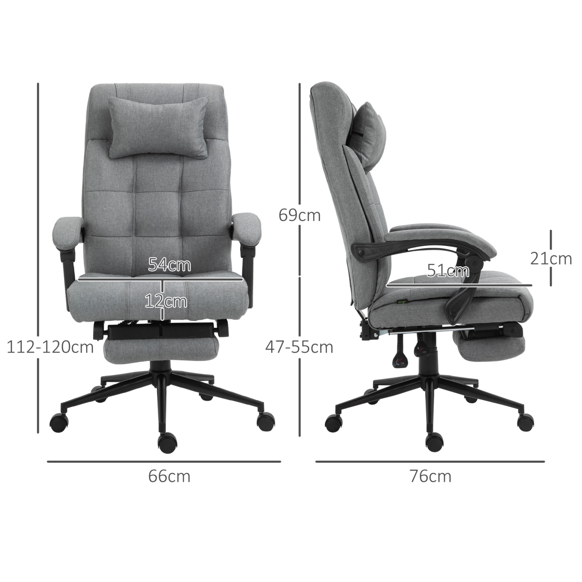 Reclining Office Chair with Footrest & Removable Pillow, 155° Recline – Home Office Chair, Light Grey