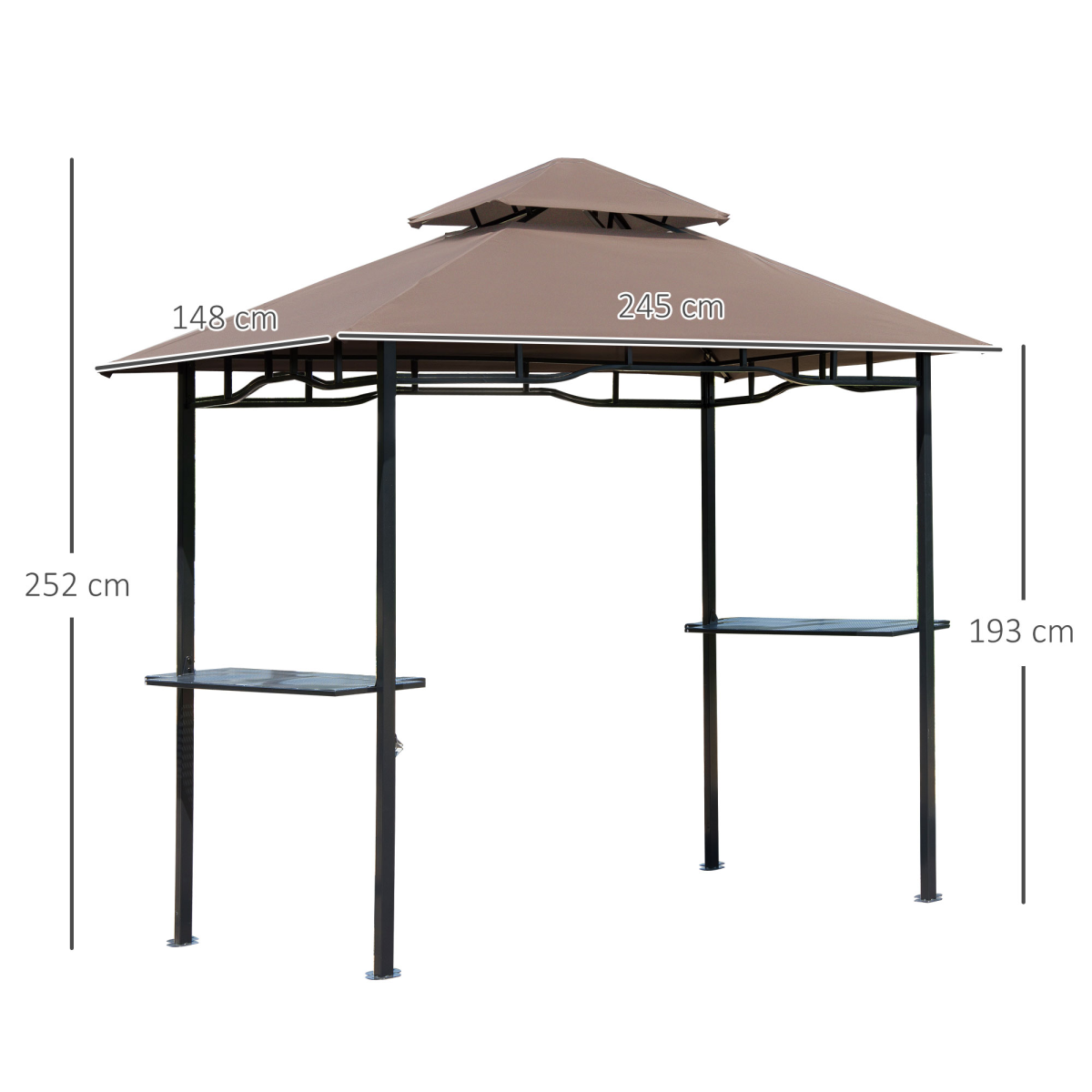 Outsunny 8ft Double-Tier Gazebo Grill Canopy with Side Shelves – BBQ Shelter Tent, Coffee