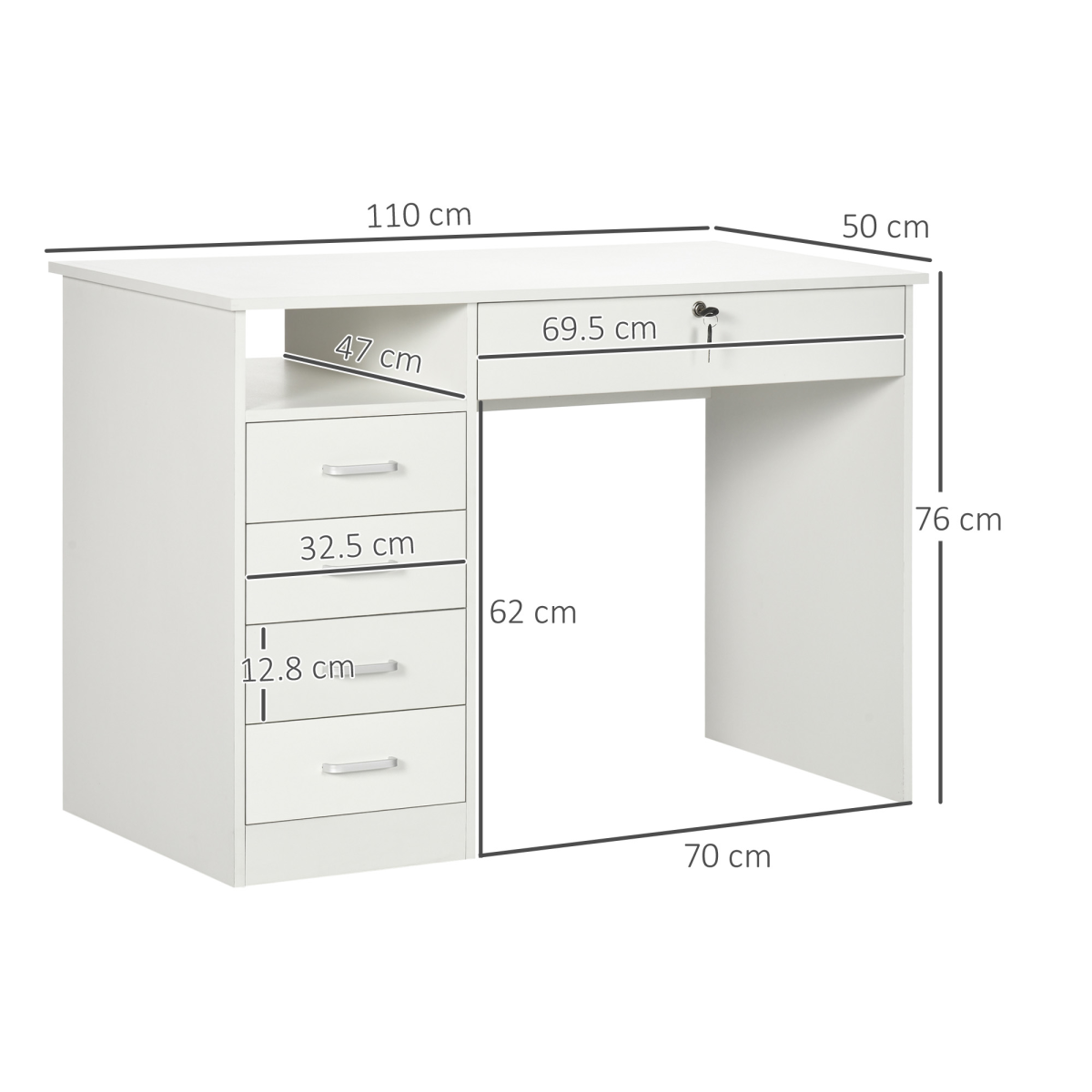 Computer Writing Desk with 5 Drawers & Lockable Drawer – White Home Office Desk with Open Shelf