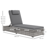 Outsunny Rattan Sun Lounger with Cushion and 5-Level Reclining Back – Steel Frame Garden Lounger, Grey