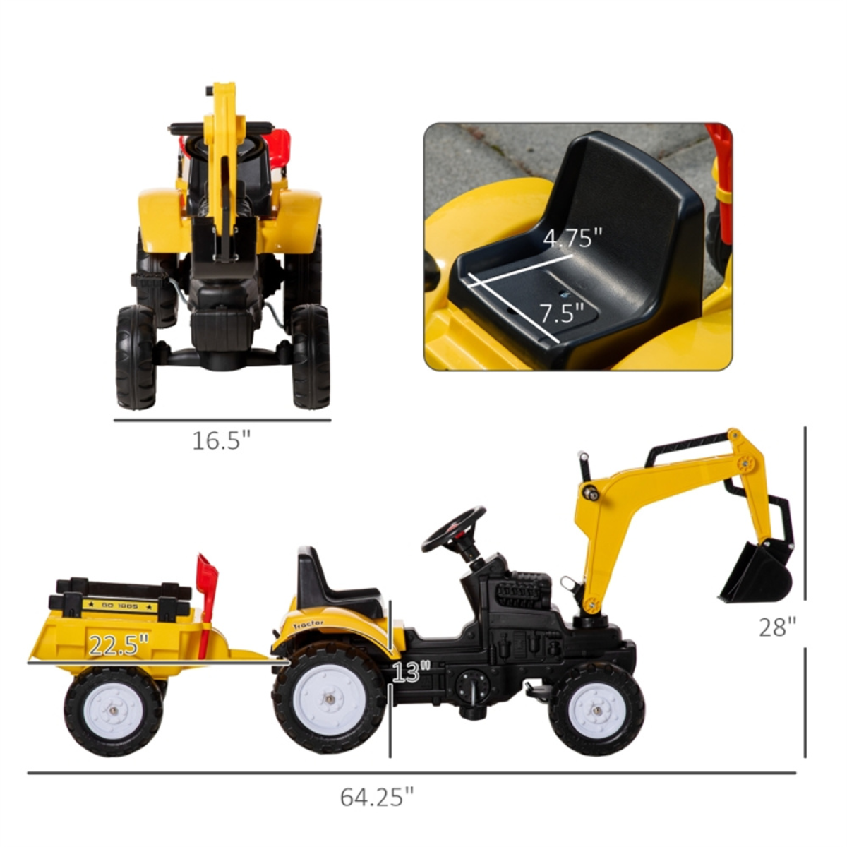 Kids Ride-On Construction Truck with Lift Arm, Horn and Detachable Trailer – Pedal Digger, Yellow