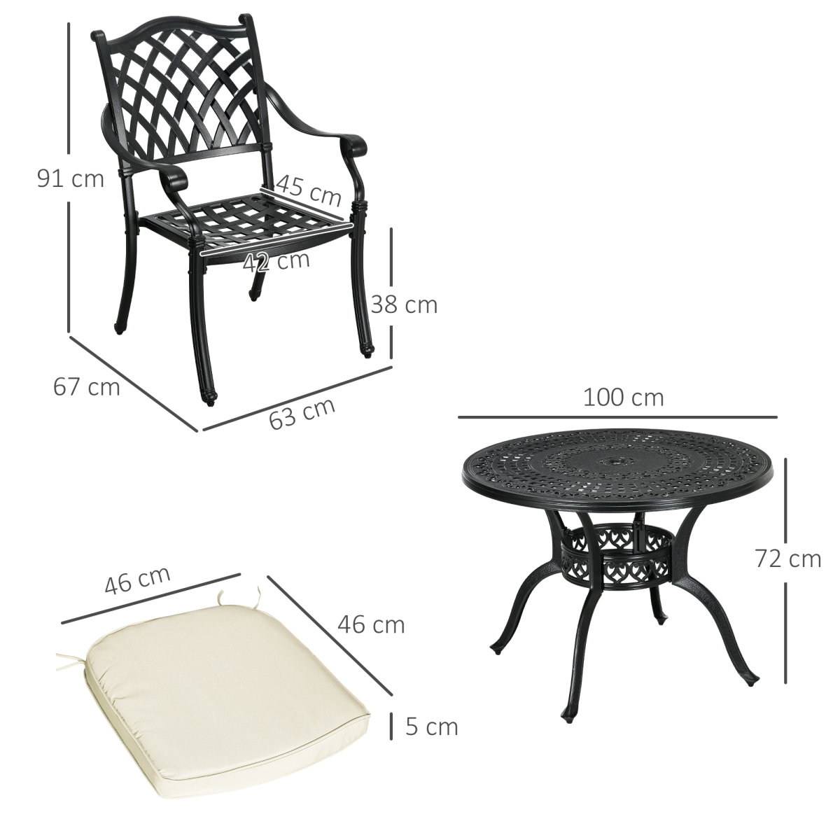 Outsunny 4 Seater Cast Aluminium Dining Set with Round Table, 50mm Parasol Hole & Cushions – Garden Patio, Black & Cream