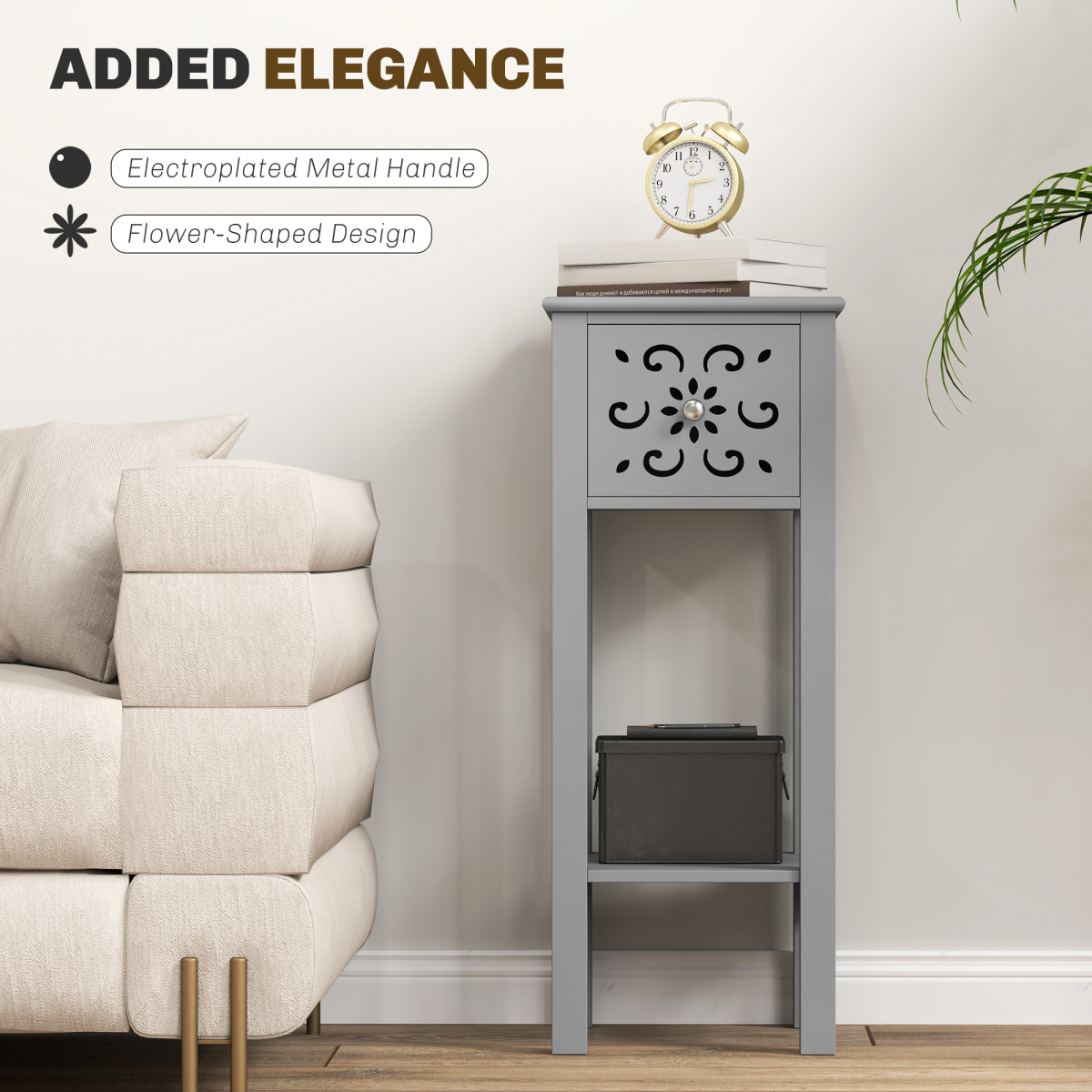 HOMCOM Set of 2 Grey MDF Storage Units with Floral Cut-Out Design, Drawers & Anti-Tip Straps