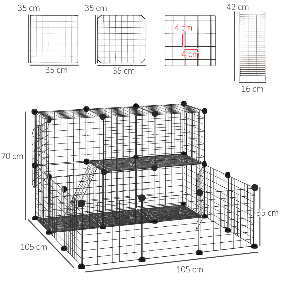 Pawhut DIY Small Animal Playpen with 24 Wire Panels & Ladder – Rabbit, Guinea Pig & Chinchilla Cage, Black