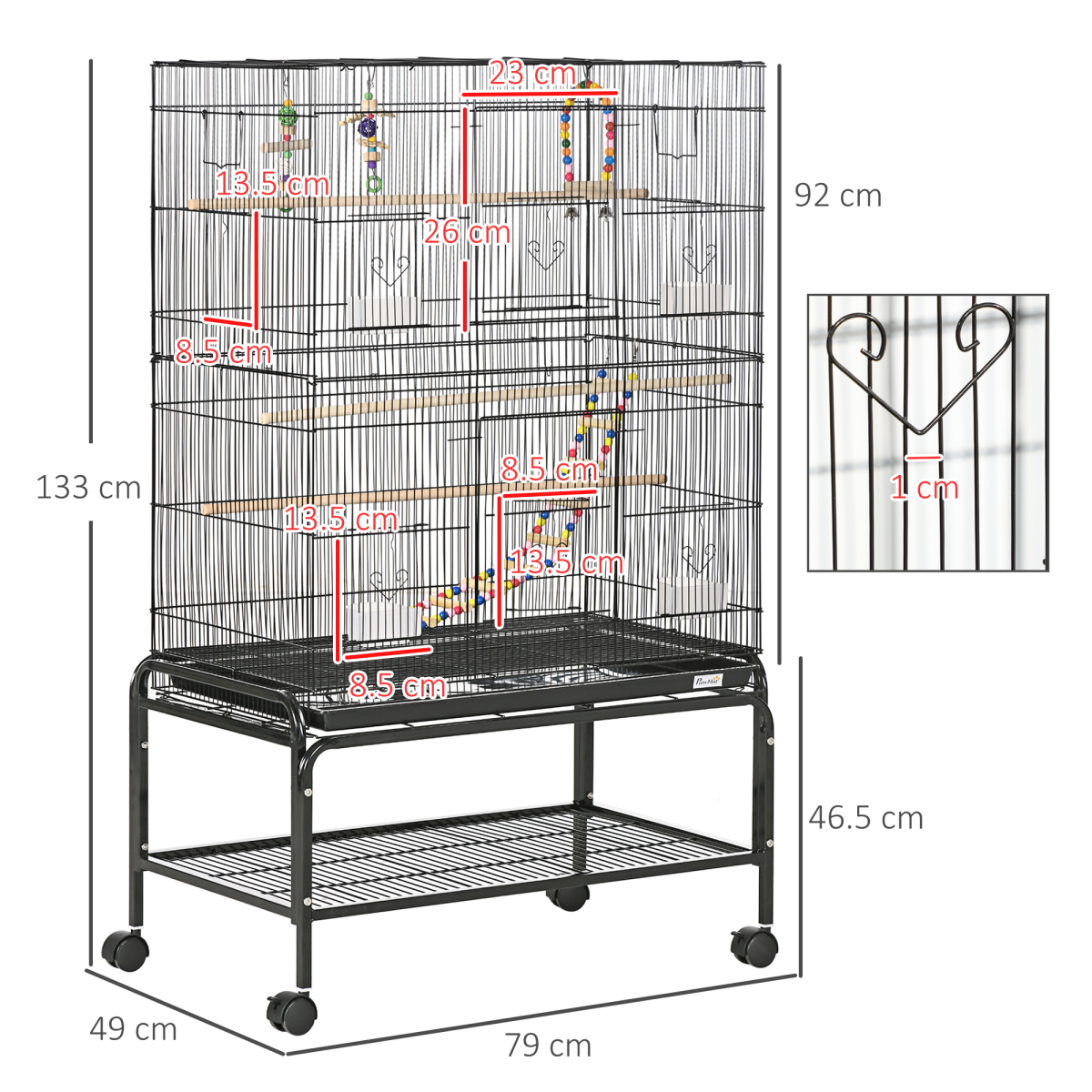 PawHut Bird Cage with Stand, Wheels, Toys & Swing – Steel Cage for Budgies, Finches, Canaries & Parakeets