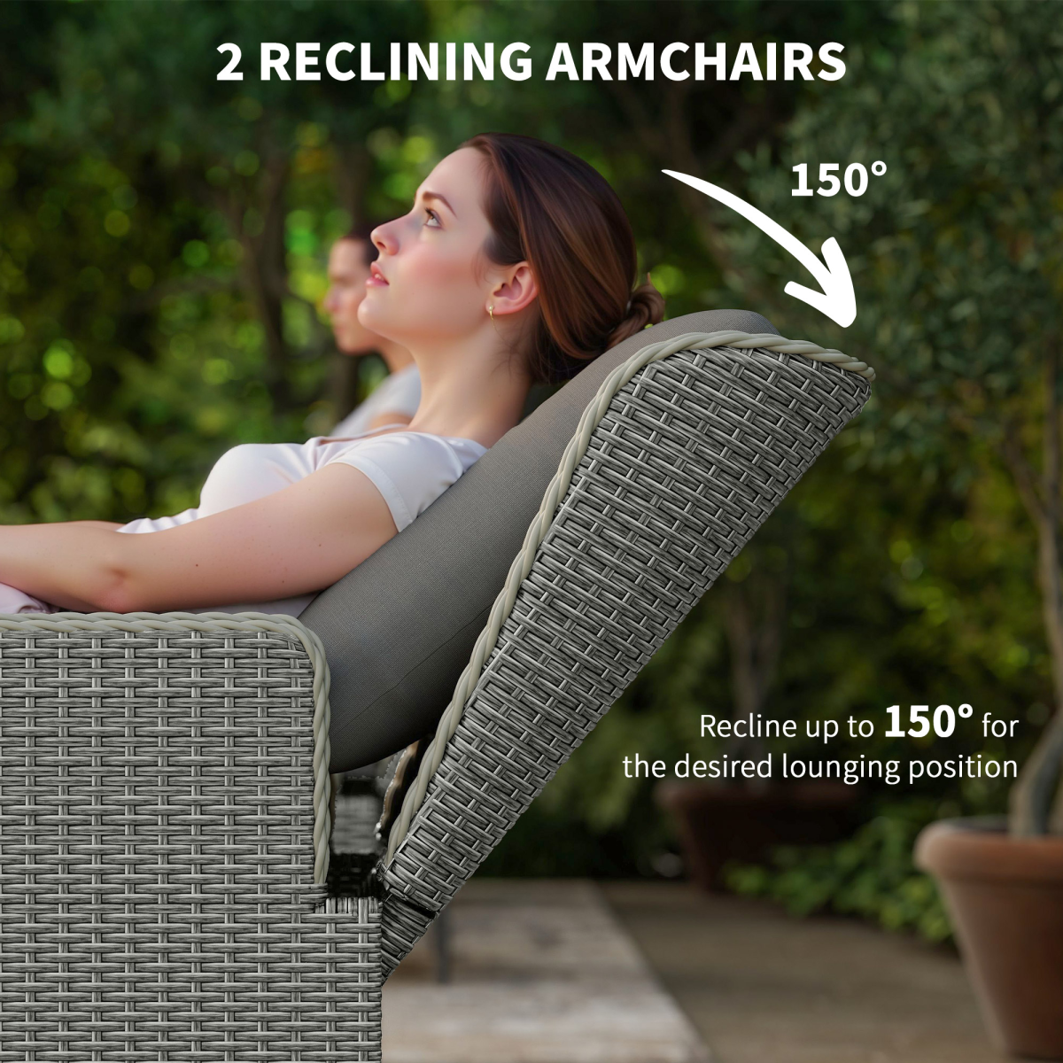 Outsunny Five-Piece Rattan Garden Furniture Set with Reclining Armchairs, Footstools & Glass Table, Charcoal Grey