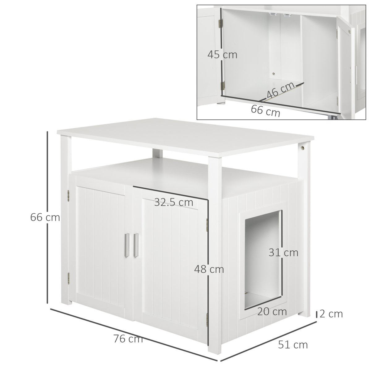 PawHut Cat Litter Box Enclosure Side Table with Magnetic Door and Two Shelves – Cat Furniture, White