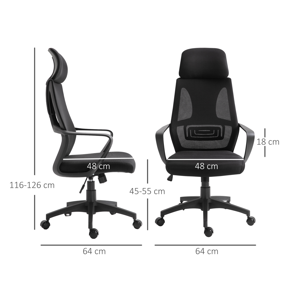 Mesh Back Office Chair with Adjustable Padded Headrest, Wide Seat & 360° Swivel – Home Office Chair, Black