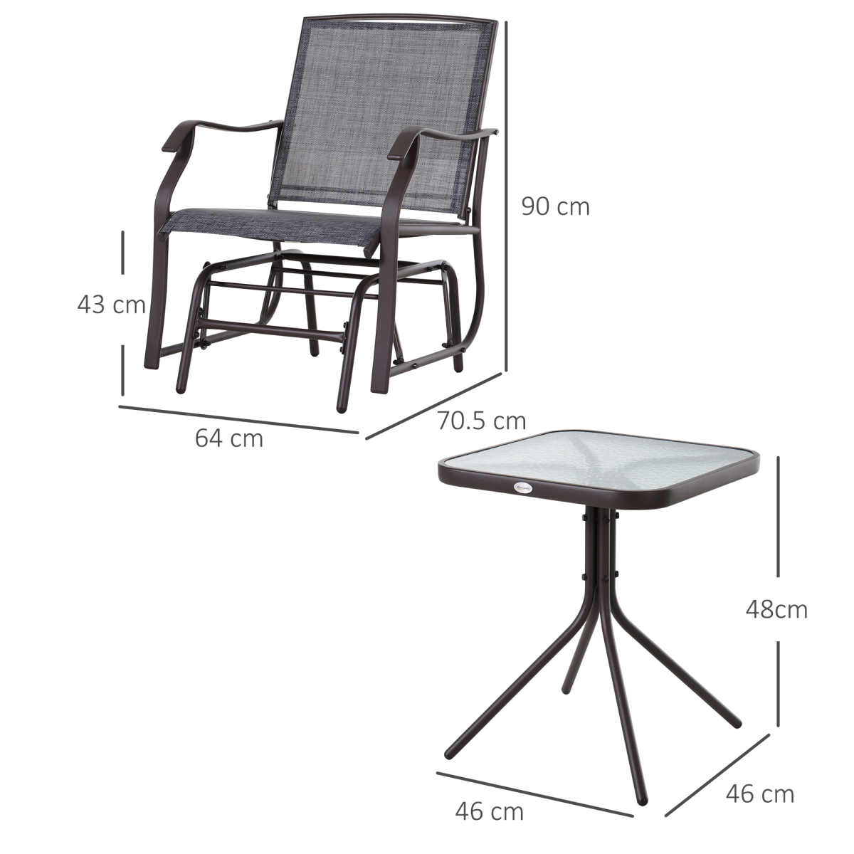Outsunny Set of 2 Glider Rocking Chairs with Tempered Glass Table, Steel Frame – Garden Patio Set, Grey
