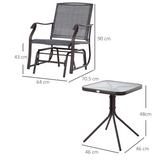 Outsunny Set of 2 Glider Rocking Chairs with Tempered Glass Table, Steel Frame – Garden Patio Set, Grey