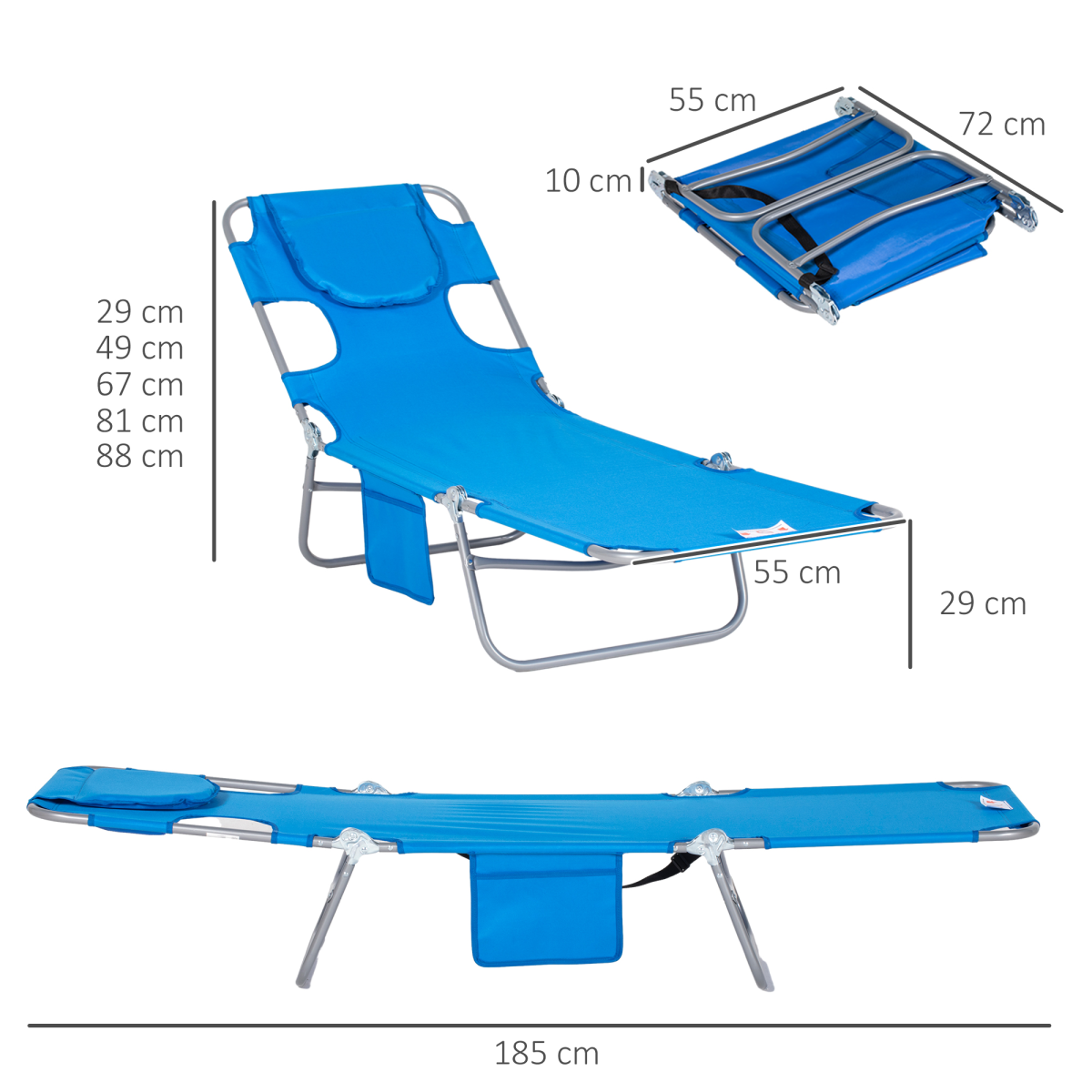 Outsunny Portable Beach Chaise Lounge with Face Cavity & Arm Slots – Reclining Sun Lounger with 5 Positions, Blue