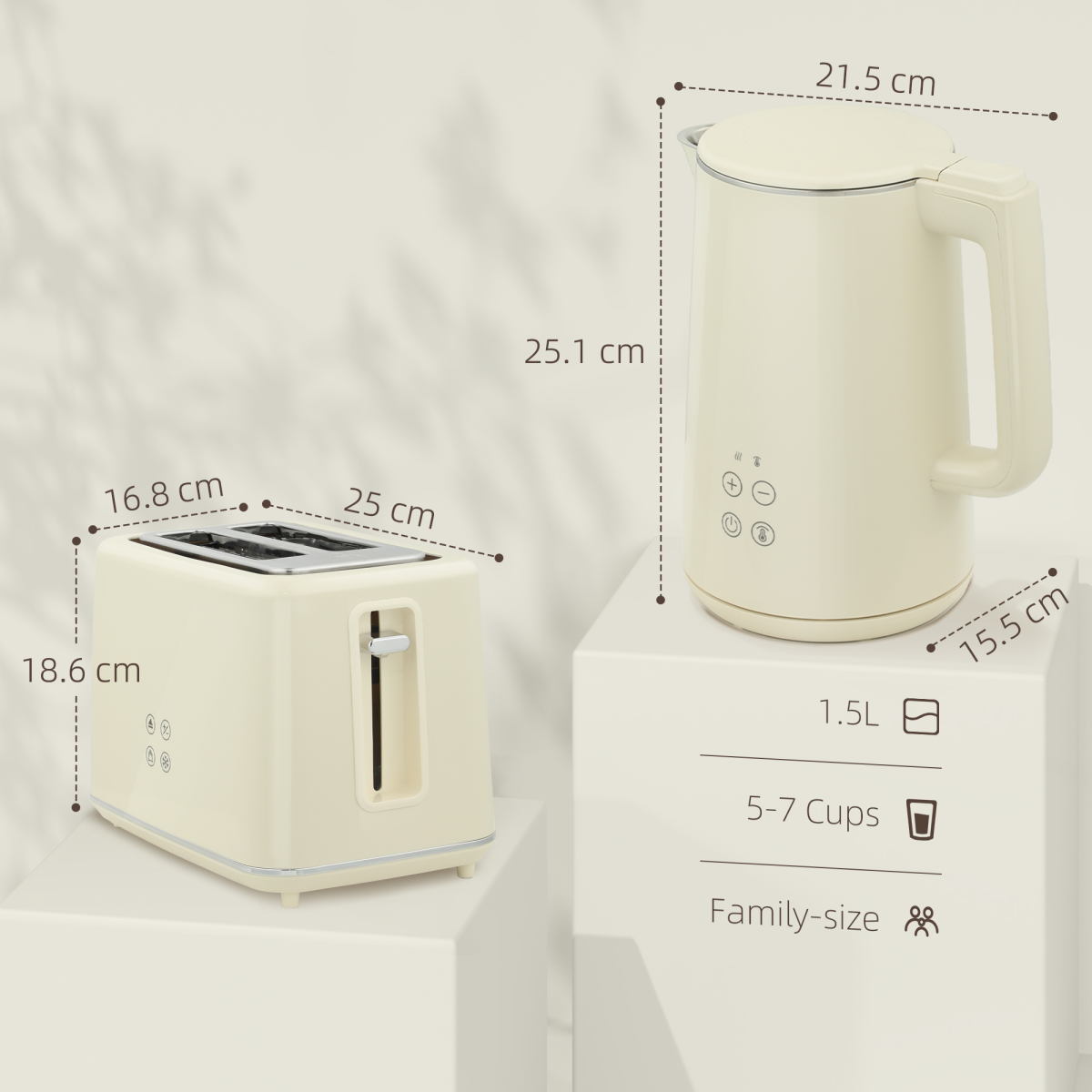 Stainless Steel Kettle and Toaster Set with 3000W Kettle & Browning Control – Matching Kitchen Duo, Beige