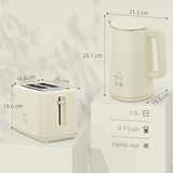 Stainless Steel Kettle and Toaster Set with 3000W Kettle & Browning Control – Matching Kitchen Duo, Beige
