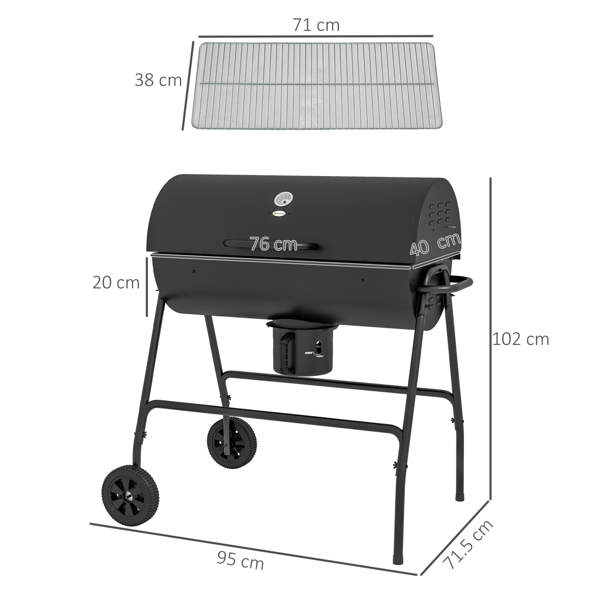 Outsunny Barrel Charcoal BBQ Grill Trolley with Ash Catcher, Thermometer & Warming Rack – Black Steel