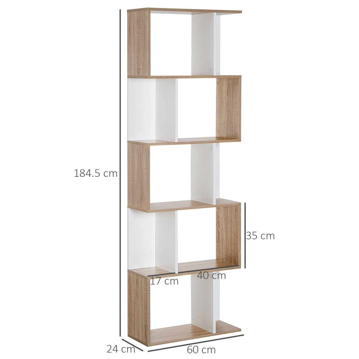 HOMCOM 5-Tier S-Shape Display Bookcase with Anti-Tipping Design – Freestanding Shelving Unit, Natural