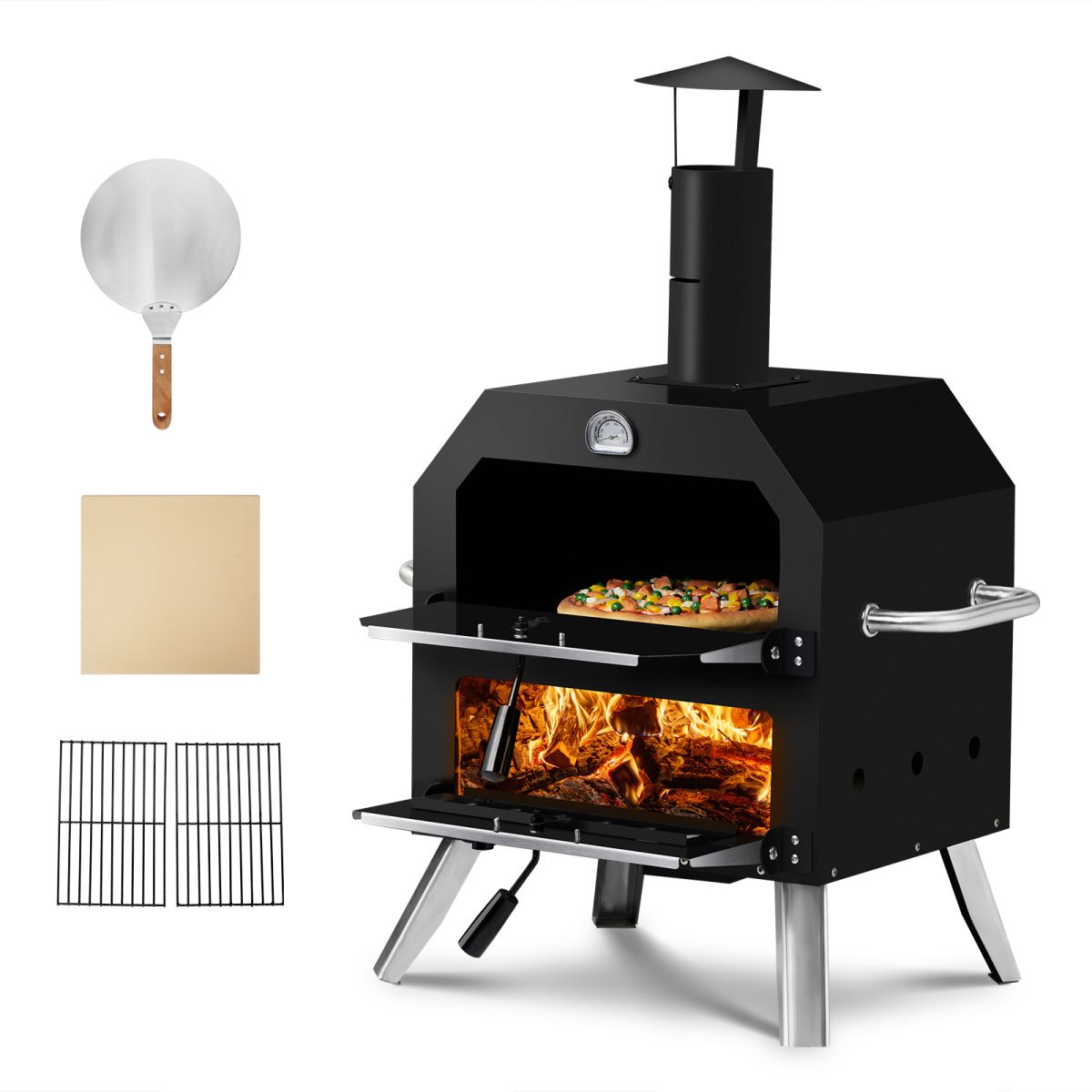 Wood Fired Outdoor Pizza Oven with 2 Layers, Pizza Stone & Cooking Rack – Portable BBQ Camping Oven