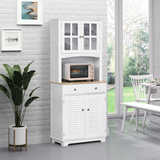 Kitchen Storage Cabinet with Glass Door, Louvred Door, 2 Drawers & Rubberwood Countertop – Coastal Style, White